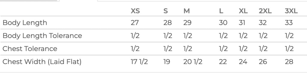 A table with the numbers of clothing sizes.