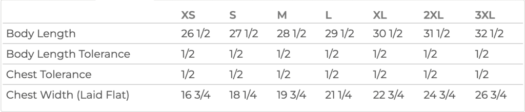 A table with four different sizes of clothing.