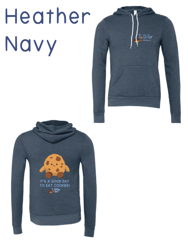 A navy blue hoodie with an image of a cookie.