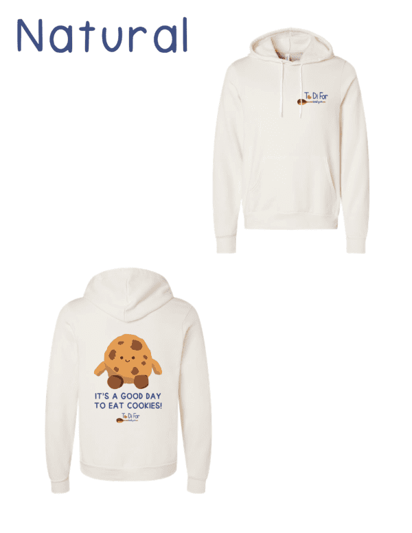 A white hoodie with an image of a cookie.