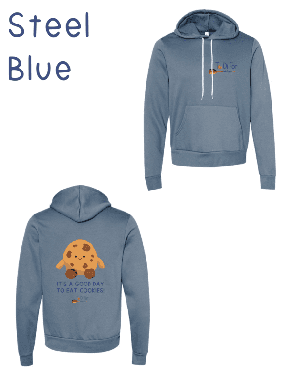 A blue hoodie with an image of a cookie.