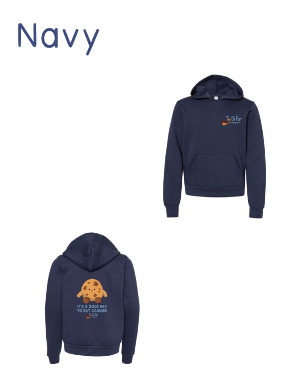 A navy blue hoodie with an orange and white logo.